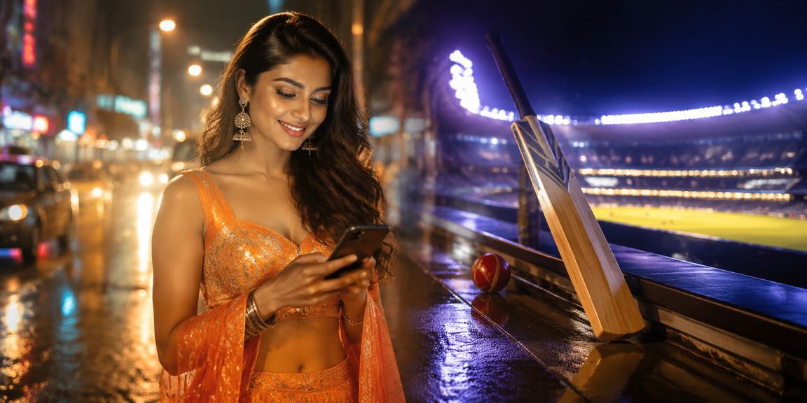 Nighttime cricket betting in Mumbai with neon lights