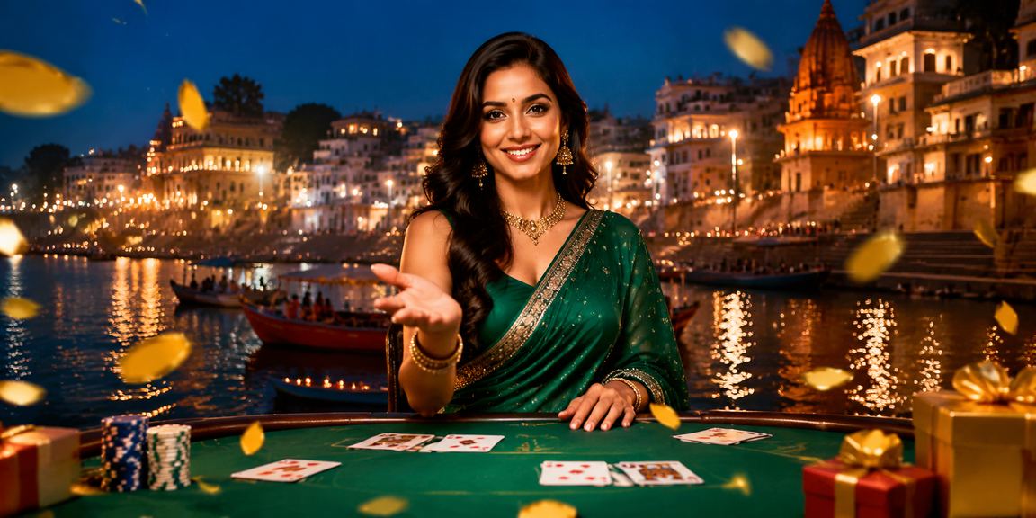 Night view of Varanasi ghat with baccarat theme and woman in saree